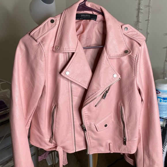 pink leather jacket zara